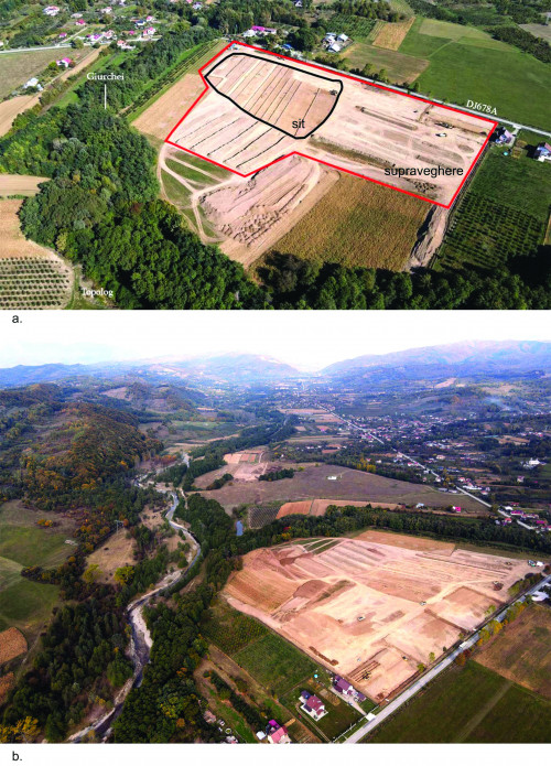 Fig. 1. Vederi aeriene generale ale sitului Cepari „La Stejari” în ansamblul văii Topologului: a) delimitarea zonei de sit și a celei pentru care a fost efectuată supraveghere arheologică pentru amenajarea organizării de șantier WeBuild de la Cepari (OS Cepari), ce va fi utilizată pentru construirea secțiunii 3 a) Autostrăzii A1: Sibiu Pitești (Cornetu – Tigveni); b) vedere spre nord în lungul văii Topologului.